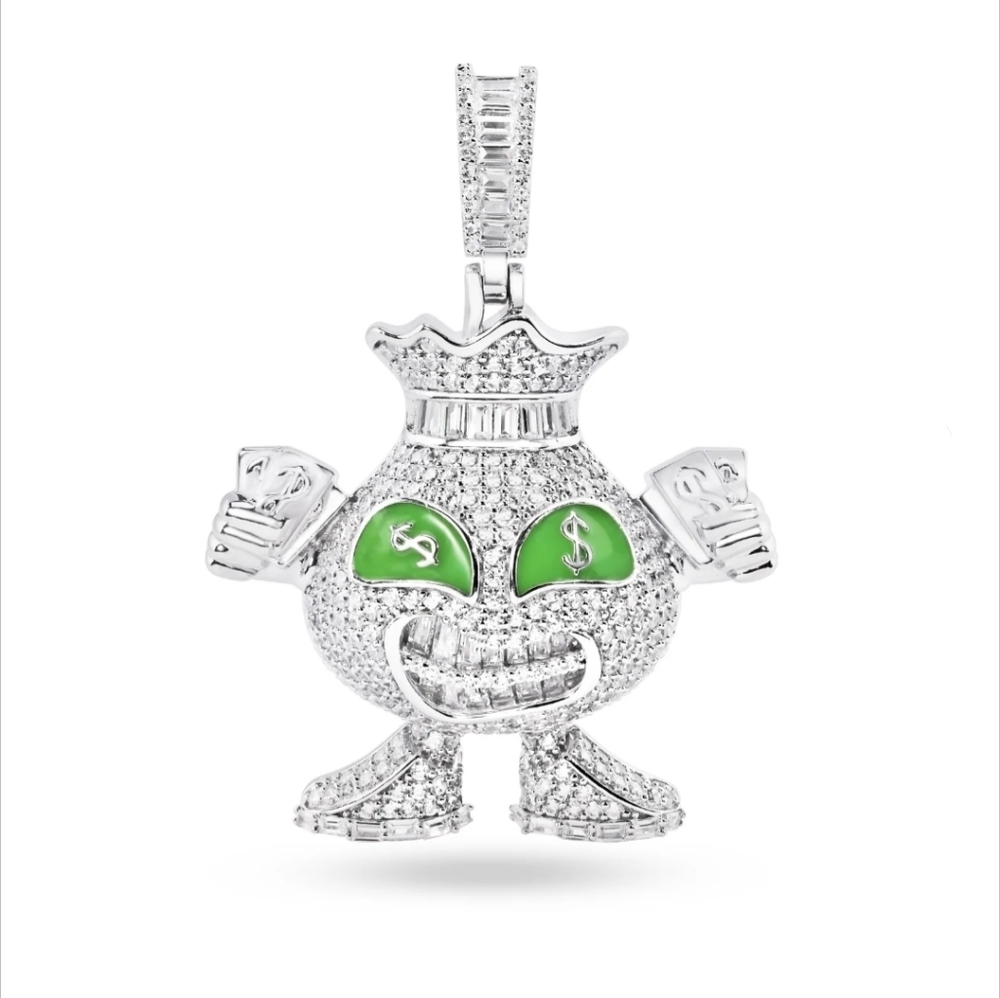 Silver 925 Rhodium finish Cash GReedy Character Clear CZ Green Enamel Pendant -